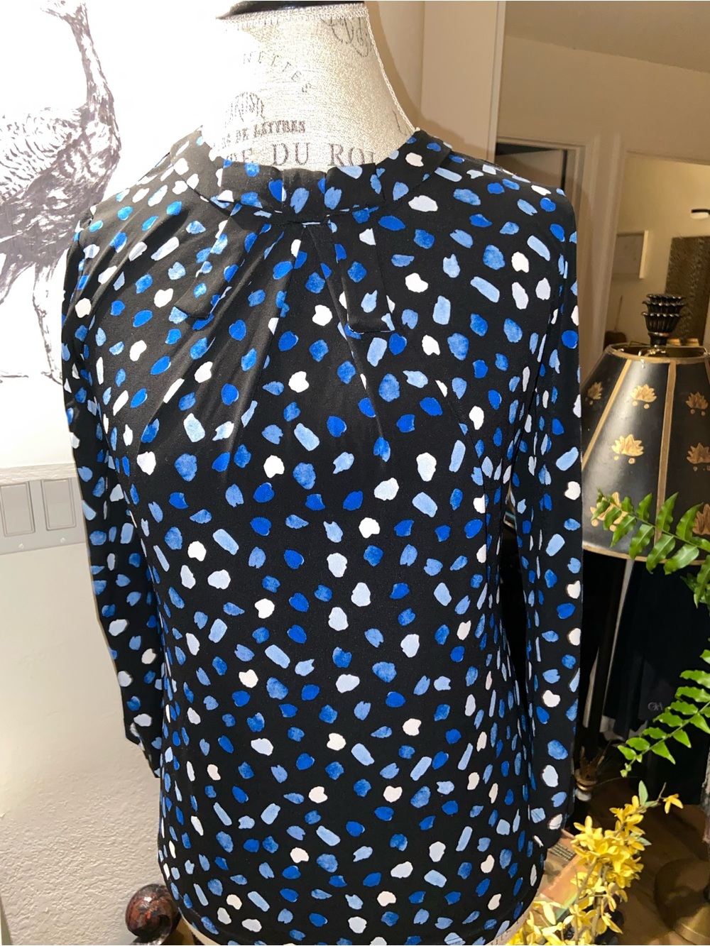 Karl Lagerfeld Long-Sleeve Printed Blouse with Blue & White Dot Pattern